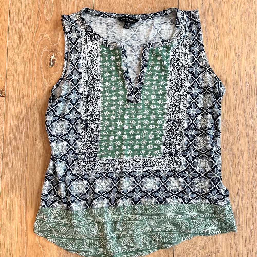 Sleeveless Lucky Brand Patterned Top - Green White and Navy Blue